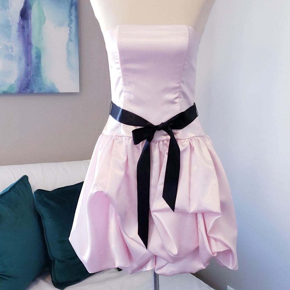 Pink strapless cocktail prom dress w/belt